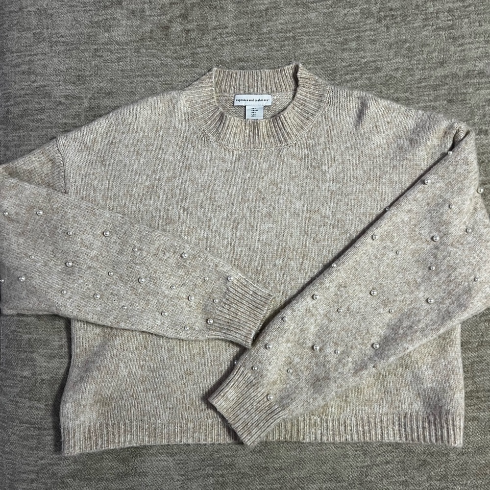 cupcakes & cashmere Beige Cropped Sweater with Pearl Details